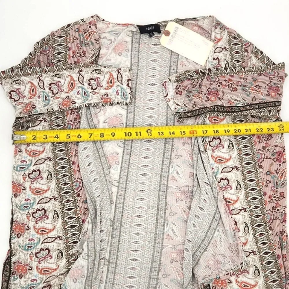Naïf Cardigan Size 3X Womens Paisley Print  Gauze 3/4 Ruched Sleeves Open Front